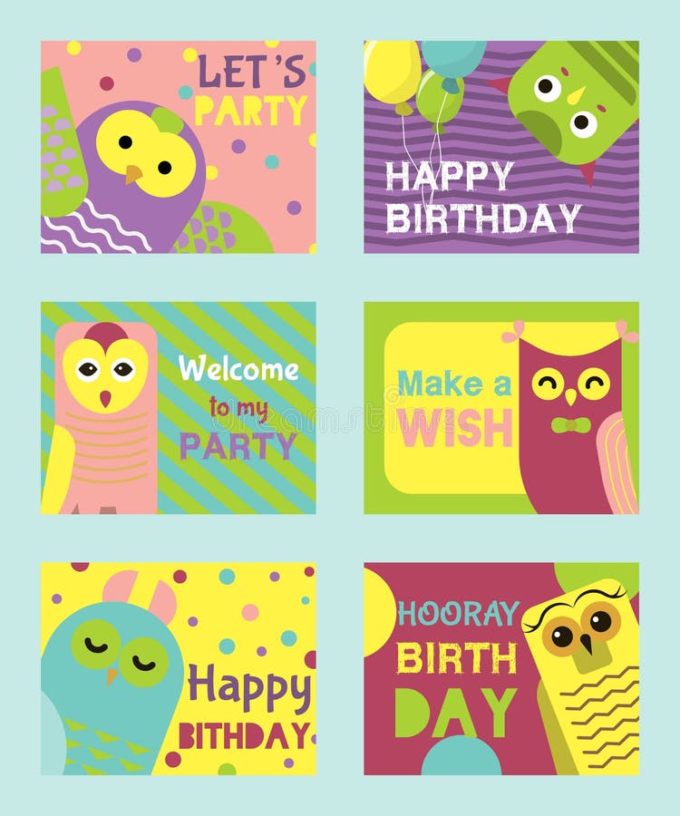 Sistema del búho del ejemplo del vector de las tarjetas de cumpleaños Recepci?n a mi cumplea?os Haga un deseo Pájaros sabios de l ilustración del vector Sistema del búho del ejemplo del vector de las tarjetas de cumpleaños Recepci?n a mi cumplea?os Haga un deseo Pájaros sabios de l ilustración del vector