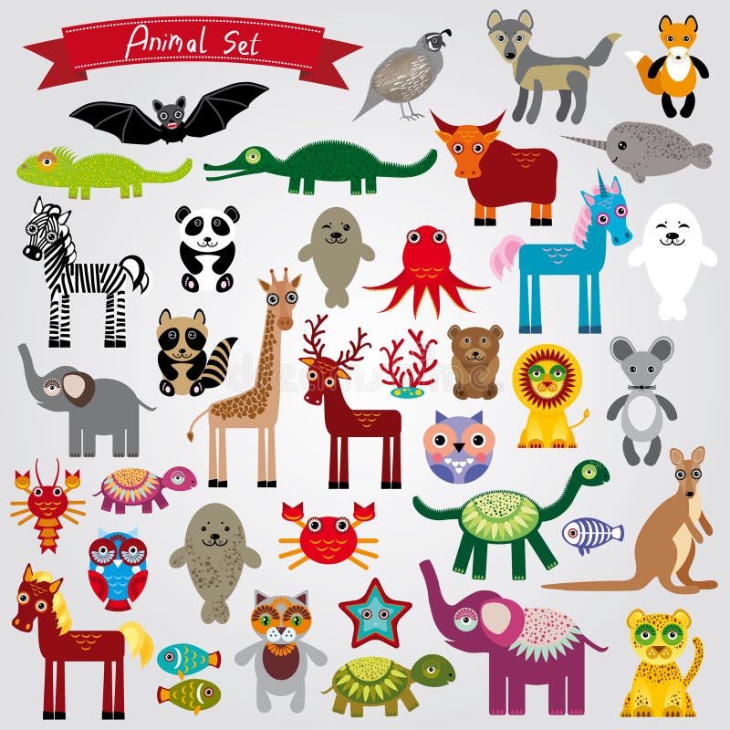 Sistema del carácter divertido de los animales de la historieta en un fondo blanco zoo ilustración del vector Sistema del carácter divertido de los animales de la historieta en un fondo blanco zoo ilustración del vector