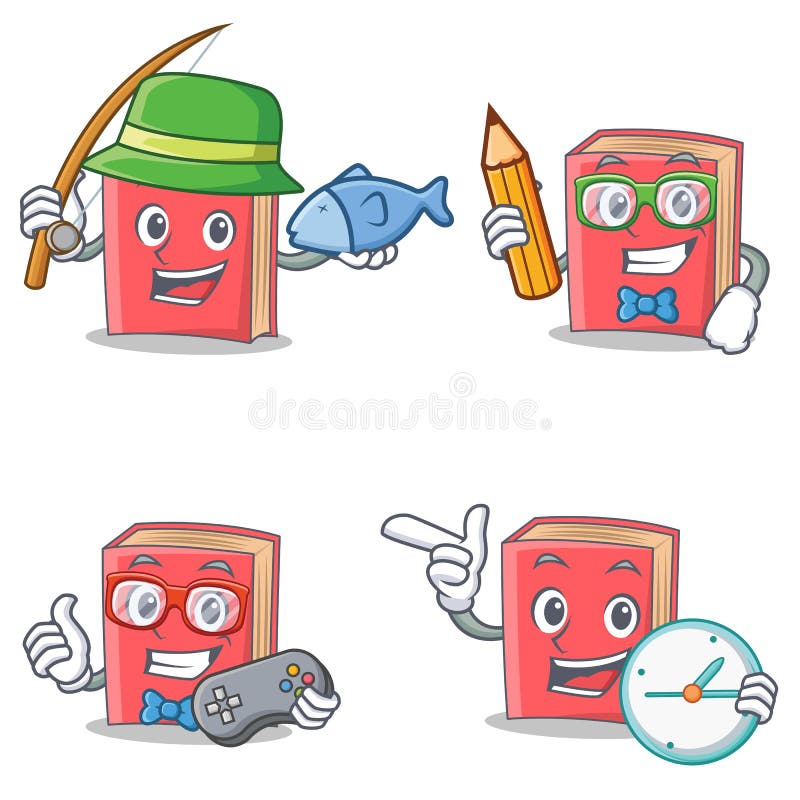 Sistema del carácter rojo del libro con el reloj del videojugador del estudiante de la pesca stock de ilustración Sistema del carácter rojo del libro con el reloj del videojugador del estudiante de la pesca stock de ilustración