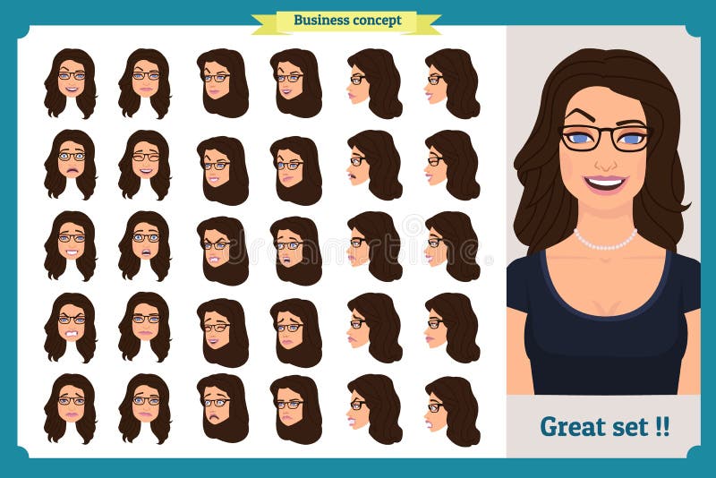 Sistema del diseño de las emociones del ` s de la mujer Expresión facial Negocio de la muchacha Frente, lado, carácter animado de libre illustration Sistema del diseño de las emociones del ` s de la mujer Expresión facial Negocio de la muchacha Frente, lado, carácter animado de libre illustration