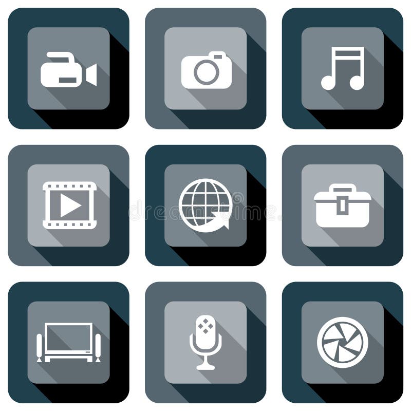 Sistema del diseño del icono de las multimedias stock de ilustración Sistema del diseño del icono de las multimedias stock de ilustración