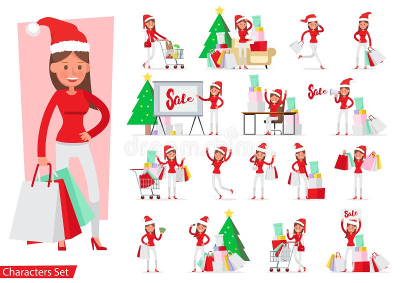 Sistema del diseño del vector de los caracteres de las mujeres de las compras Compras de la Navidad, idea para su diseño ilustración del vector