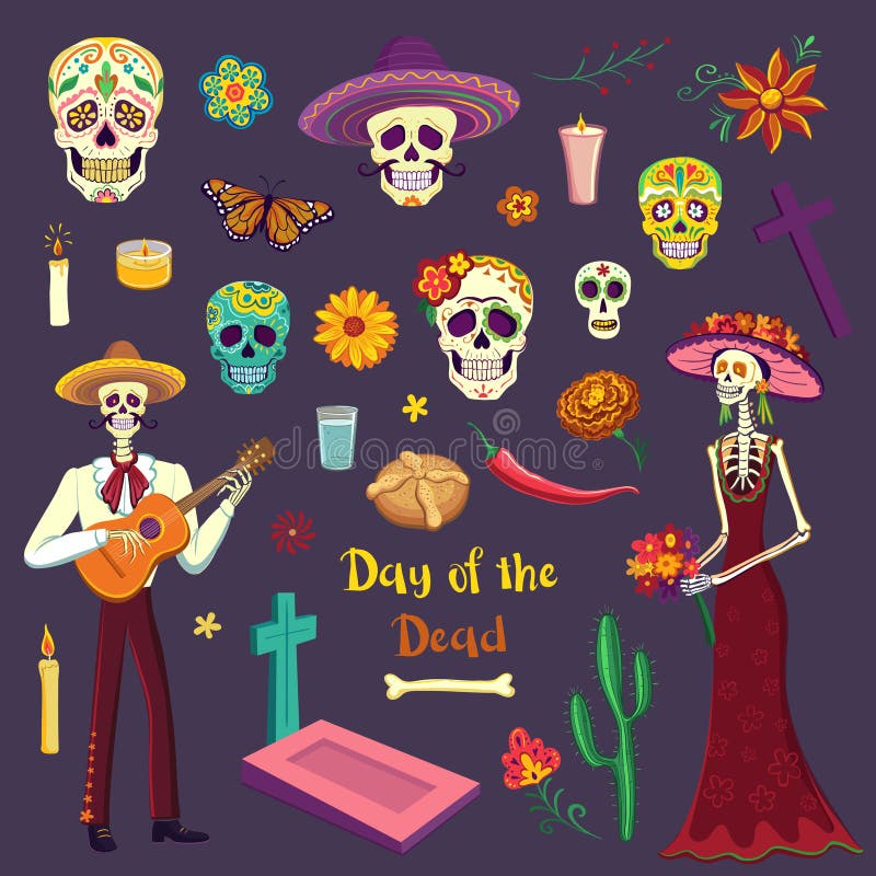 Sistema del día de los dibujos del color de los muertos Símbolos mexicanos ilustración del vector Sistema del día de los dibujos del color de los muertos Símbolos mexicanos ilustración del vector
