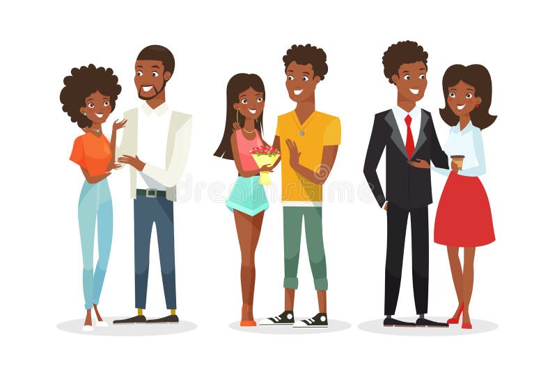 Sistema del ejemplo del vector de pares afroamericanos lindos la fecha Mujer joven y hombre Personas negras, familia libre illustration Sistema del ejemplo del vector de pares afroamericanos lindos la fecha Mujer joven y hombre Personas negras, familia libre illustration