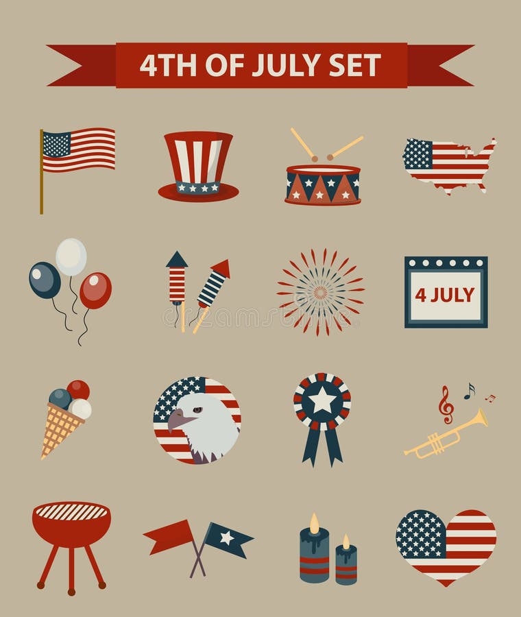 Sistema del estilo del vintage del Día de la Independencia patriótico de los iconos de América 4 de julio colección de elementos stock de ilustración Sistema del estilo del vintage del Día de la Independencia patriótico de los iconos de América 4 de julio colección de elementos stock de ilustración