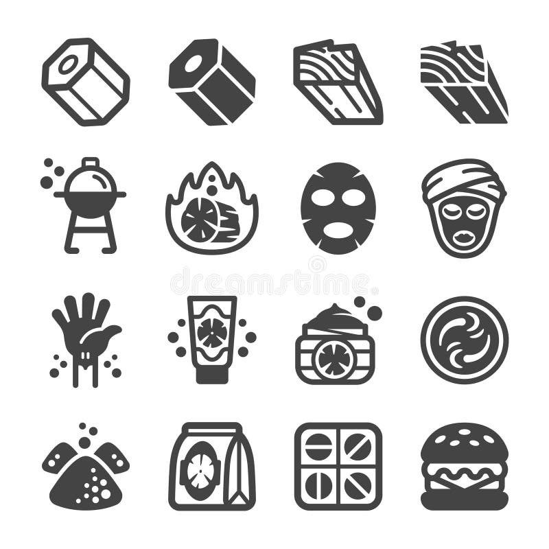 Sistema del icono del carbón de leña. Sistema, vector y ejemplo del icono del carbón de leña