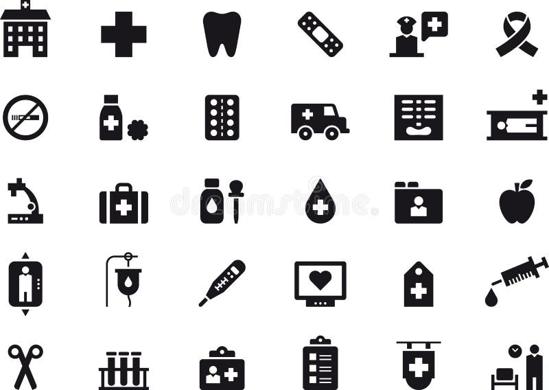Black and white set of glyph flat icons relating to medical care and hospitals. Black and white set of glyph flat icons relating to medical care and hospitals.