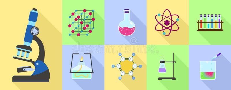Sistema del icono de la ciencia de la química, estilo plano stock de ilustración Sistema del icono de la ciencia de la química, estilo plano stock de ilustración