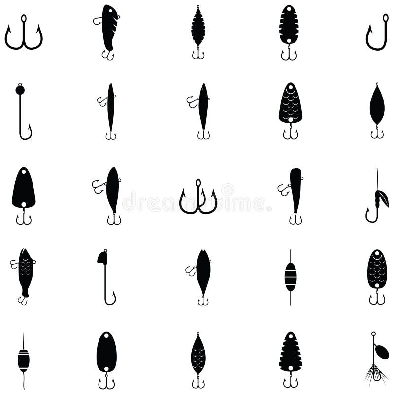 Sistema del icono de los cebos de pesca stock de ilustración Sistema del icono de los cebos de pesca stock de ilustración