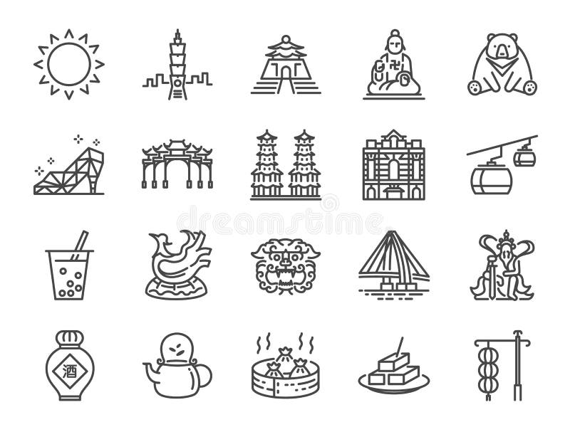 Sistema del icono de Taiwán Incluyó los iconos como Taipei, león de piedra chino, té de la burbuja, licor destilado, té, queso de ilustración del vector Sistema del icono de Taiwán Incluyó los iconos como Taipei, león de piedra chino, té de la burbuja, licor destilado, té, queso de ilustración del vector