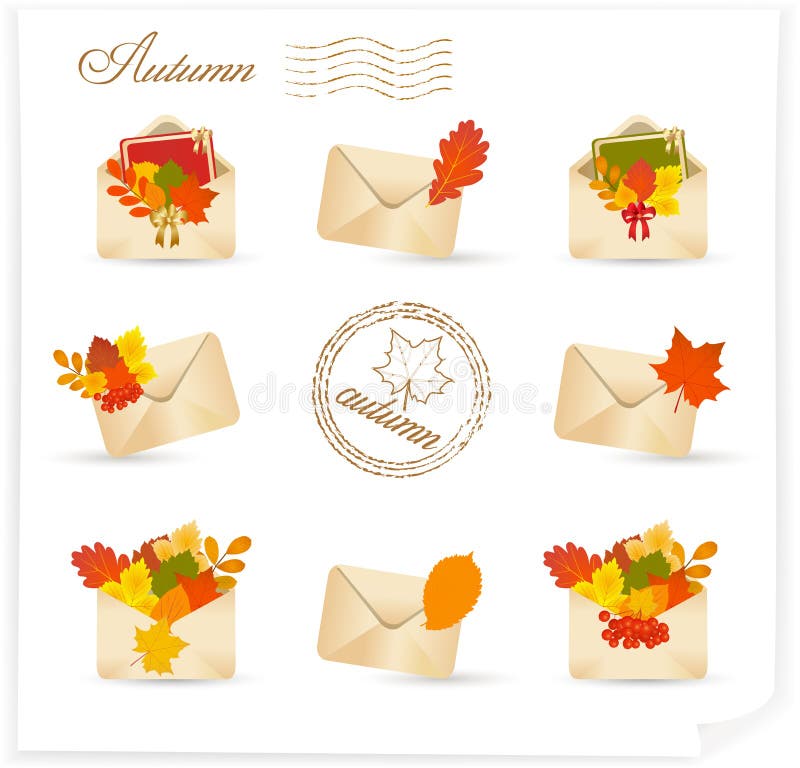 Sistema del icono del correo del otoño ilustración del vector Sistema del icono del correo del otoño ilustración del vector