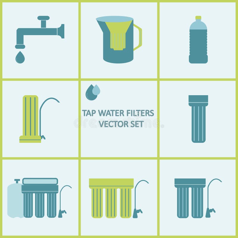 Sistema del icono del filtro de agua del grifo Filtros de la purificación del agua de la bebida ilustración del vector Sistema del icono del filtro de agua del grifo Filtros de la purificación del agua de la bebida ilustración del vector
