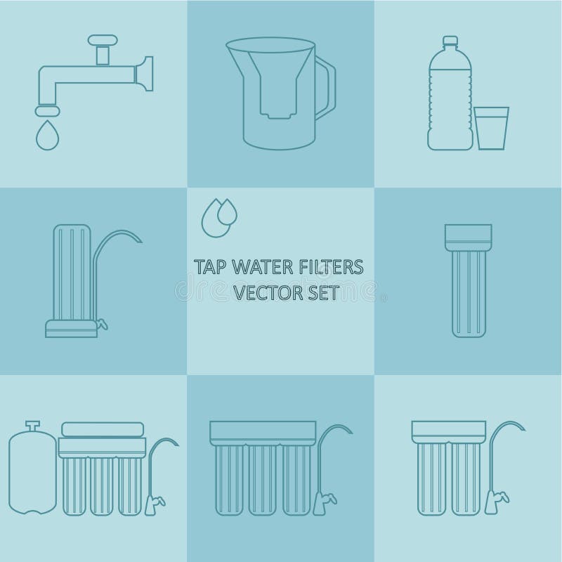 Sistema del icono del filtro de agua del grifo Filtros de la purificación del agua de la bebida libre illustration Sistema del icono del filtro de agua del grifo Filtros de la purificación del agua de la bebida libre illustration