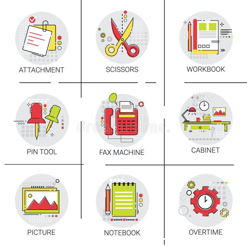 Sistema del icono del mobiliario de oficinas del espacio de trabajo del escritorio del lugar de trabajo del gabinete stock de ilustración Sistema del icono del mobiliario de oficinas del espacio de trabajo del escritorio del lugar de trabajo del gabinete stock de ilustración