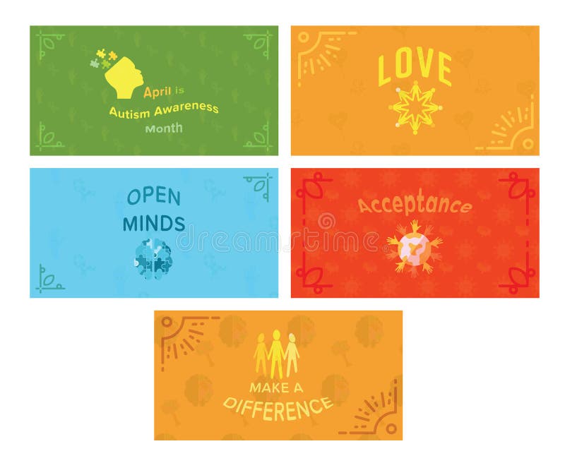 Sistema del icono del vector de tarjetas de felicitación con el mensaje de la conciencia del autismo stock de ilustración Sistema del icono del vector de tarjetas de felicitación con el mensaje de la conciencia del autismo stock de ilustración