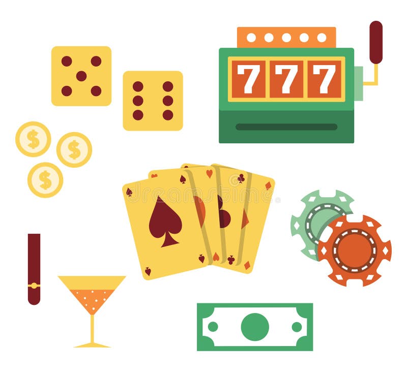 Sistema del icono del ejemplo del vector del casino: dados, máquina tragaperras, moneda, tarjetas, microprocesadores, cóctel, cig