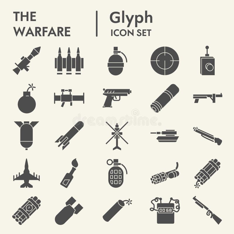 Sistema del icono del glyph de la guerra, símbolos colección, bosquejos del vector, ejemplos del logotipo, pictogramas sólidos de ilustración del vector Sistema del icono del glyph de la guerra, símbolos colección, bosquejos del vector, ejemplos del logotipo, pictogramas sólidos de ilustración del vector