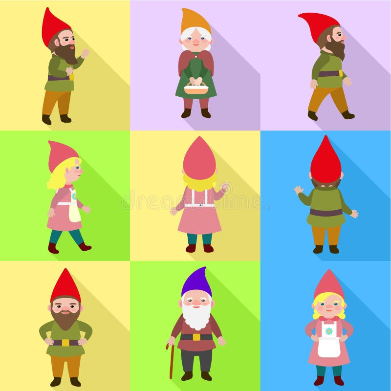 Sistema del icono del gnomo del jardín, estilo plano ilustración del vector Sistema del icono del gnomo del jardín, estilo plano ilustración del vector