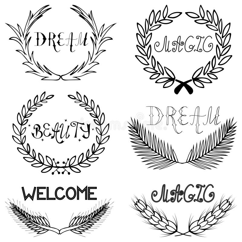 Sistema del laurel del Flourish de ramas y de trigo stock de ilustración Sistema del laurel del Flourish de ramas y de trigo stock de ilustración