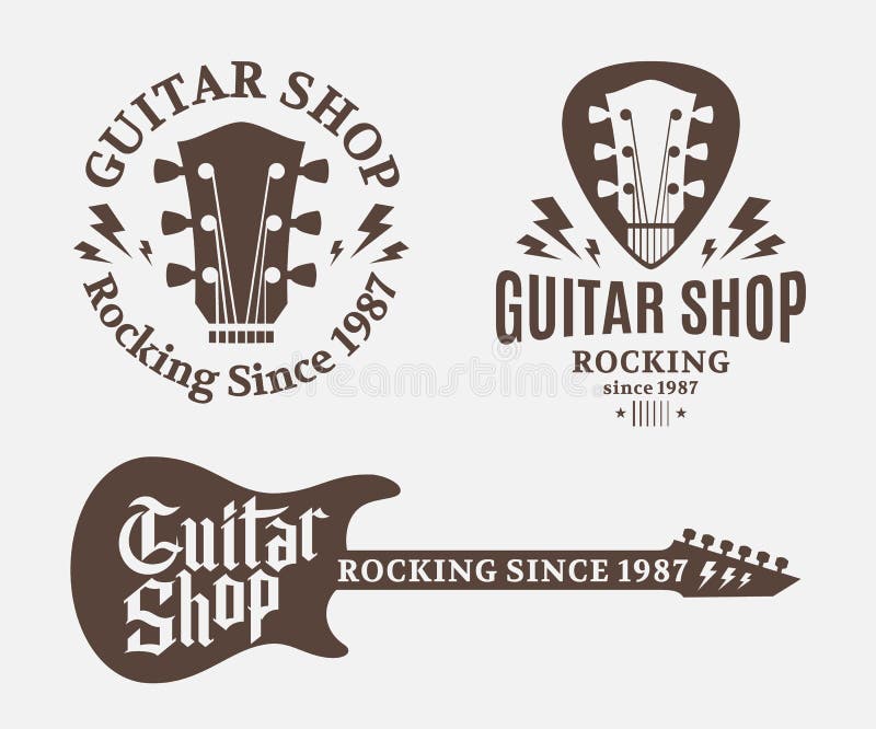 Sistema del logotipo de la tienda de la guitarra ilustración del vector Sistema del logotipo de la tienda de la guitarra ilustración del vector