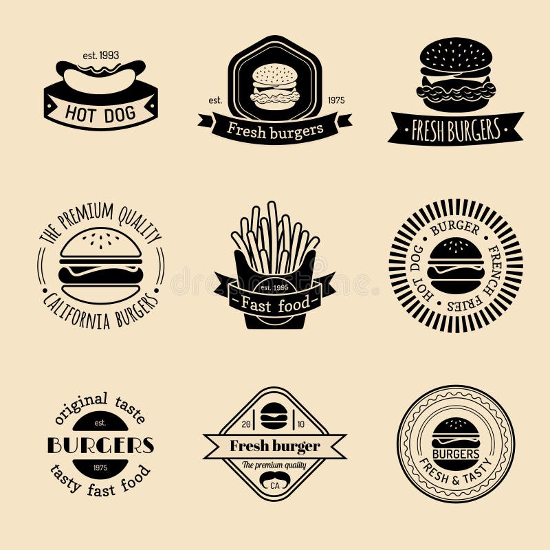 Sistema del logotipo de los alimentos de preparación rápida del vintage del vector Colección retra de las muestras de la consumic stock de ilustración Sistema del logotipo de los alimentos de preparación rápida del vintage del vector Colección retra de las muestras de la consumic stock de ilustración
