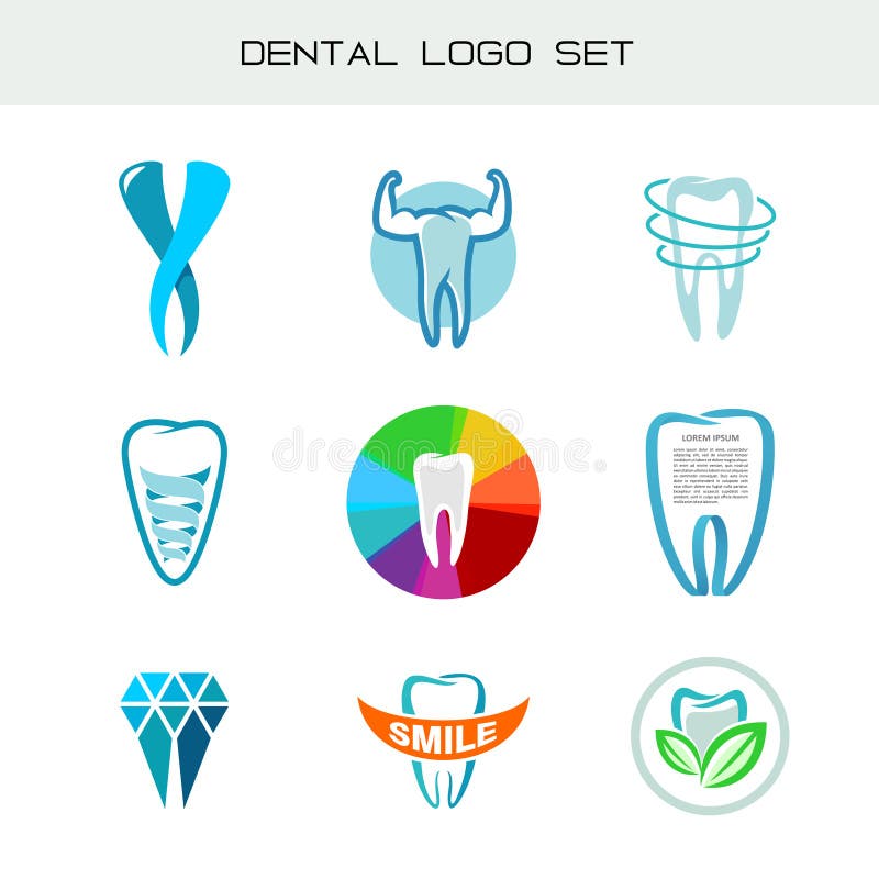 Sistema del logotipo del diente Símbolos médicos dentales de la atención sanitaria stock de ilustración Sistema del logotipo del diente Símbolos médicos dentales de la atención sanitaria stock de ilustración