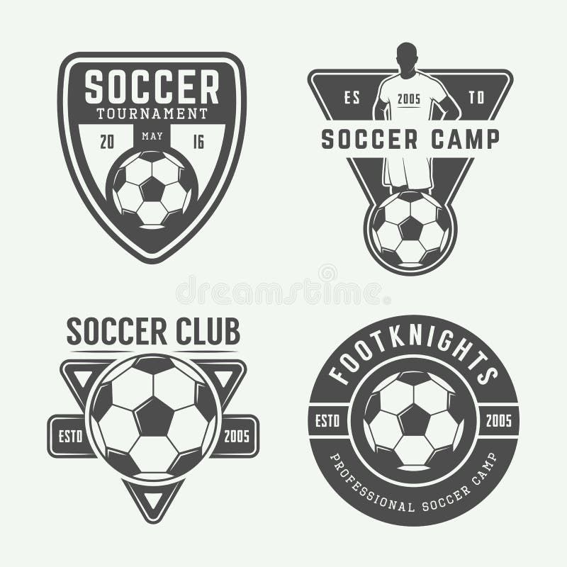 Sistema del logotipo del fútbol o del fútbol del vintage, emblema, insignia stock de ilustración Sistema del logotipo del fútbol o del fútbol del vintage, emblema, insignia stock de ilustración