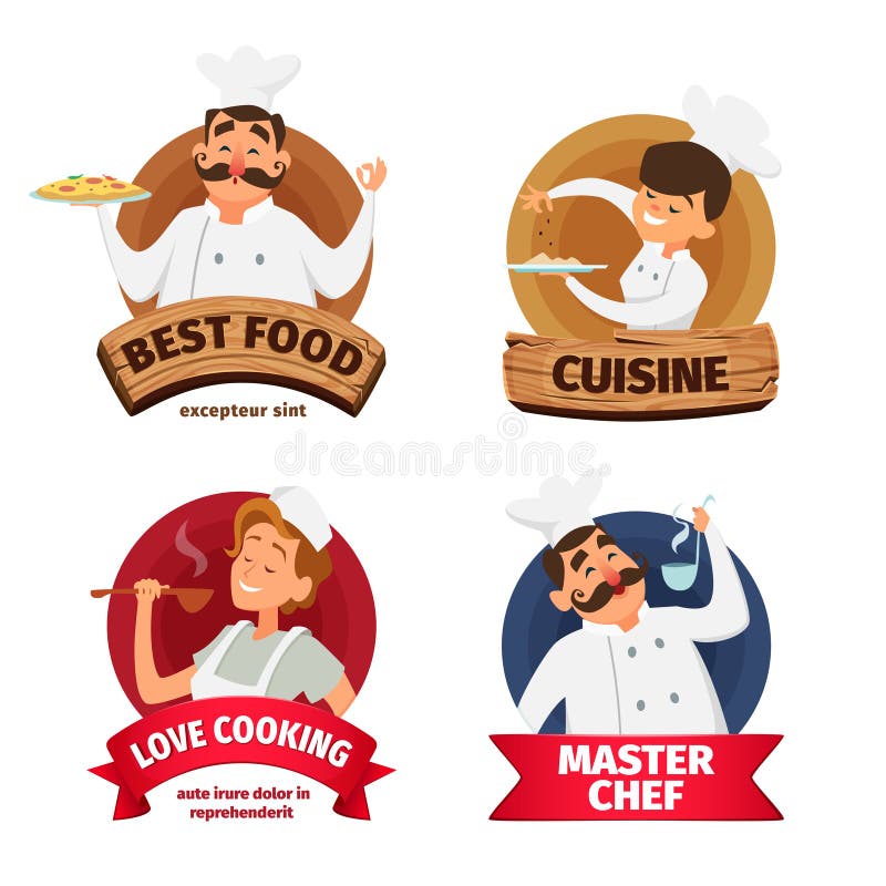 Sistema del logotipo o de etiquetas para el restaurante Caracteres del cocinero stock de ilustración Sistema del logotipo o de etiquetas para el restaurante Caracteres del cocinero stock de ilustración