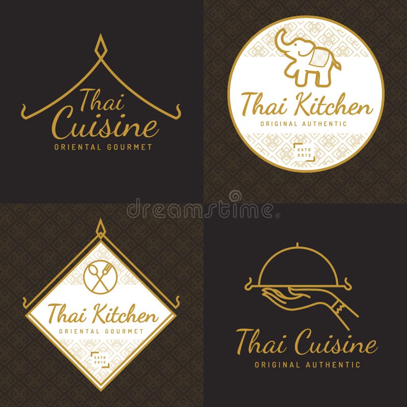 Sistema del logotipo tailandés de la comida del color de oro, insignias, banderas, emblema para el restaurante asiático de la com libre illustration Sistema del logotipo tailandés de la comida del color de oro, insignias, banderas, emblema para el restaurante asiático de la com libre illustration