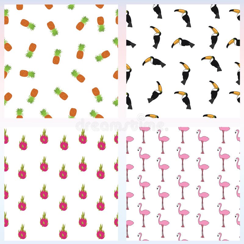 Sistema del modelo inconsútil simple con los pájaros y las frutas tropicales exóticos en el fondo blanco Fondo tropical dibujado stock de ilustración Sistema del modelo inconsútil simple con los pájaros y las frutas tropicales exóticos en el fondo blanco Fondo tropical dibujado stock de ilustración
