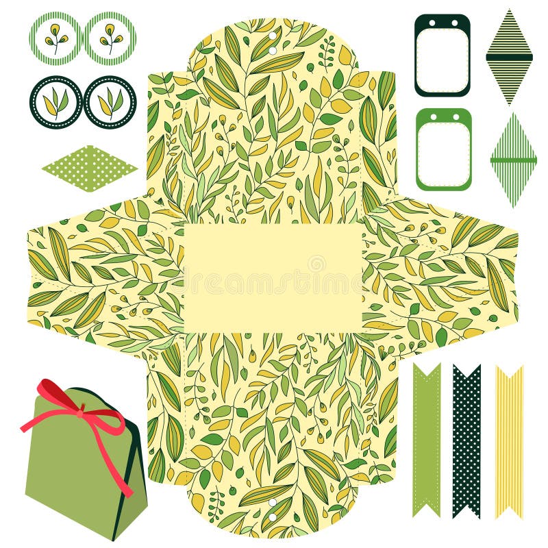 Party set. Gift box template. Abstract floral pattern, leaves and branches. Empty labels and cupcake toppers and food tags. Party set. Gift box template. Abstract floral pattern, leaves and branches. Empty labels and cupcake toppers and food tags.