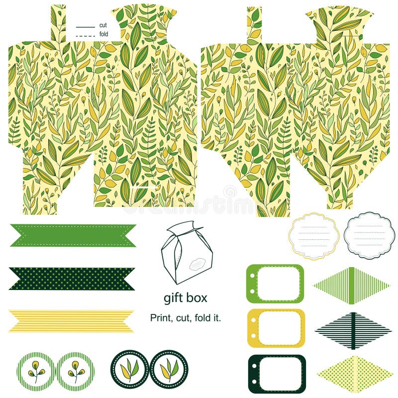 Party set. Gift box template. Abstract floral pattern, leaves and branches. Empty labels and cupcake toppers and food tags. Party set. Gift box template. Abstract floral pattern, leaves and branches. Empty labels and cupcake toppers and food tags.