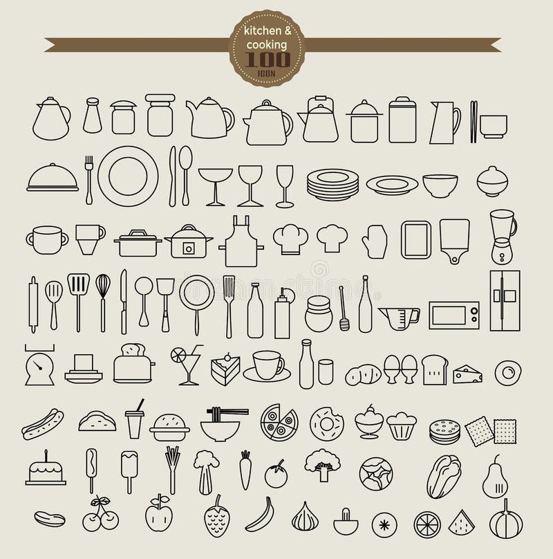 Sistema del sistema del icono de la herramienta de la cocina y del icono de la comida libre illustration Sistema del sistema del icono de la herramienta de la cocina y del icono de la comida libre illustration