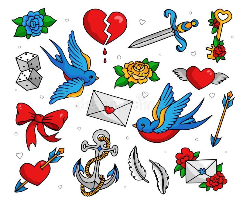 Sistema del tatuaje de la escuela vieja stock de ilustración Sistema del tatuaje de la escuela vieja stock de ilustración