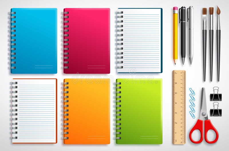 Sistema del vector del cuaderno con los artículos y los materiales de oficina de la escuela aislados en el fondo blanco ilustración del vector