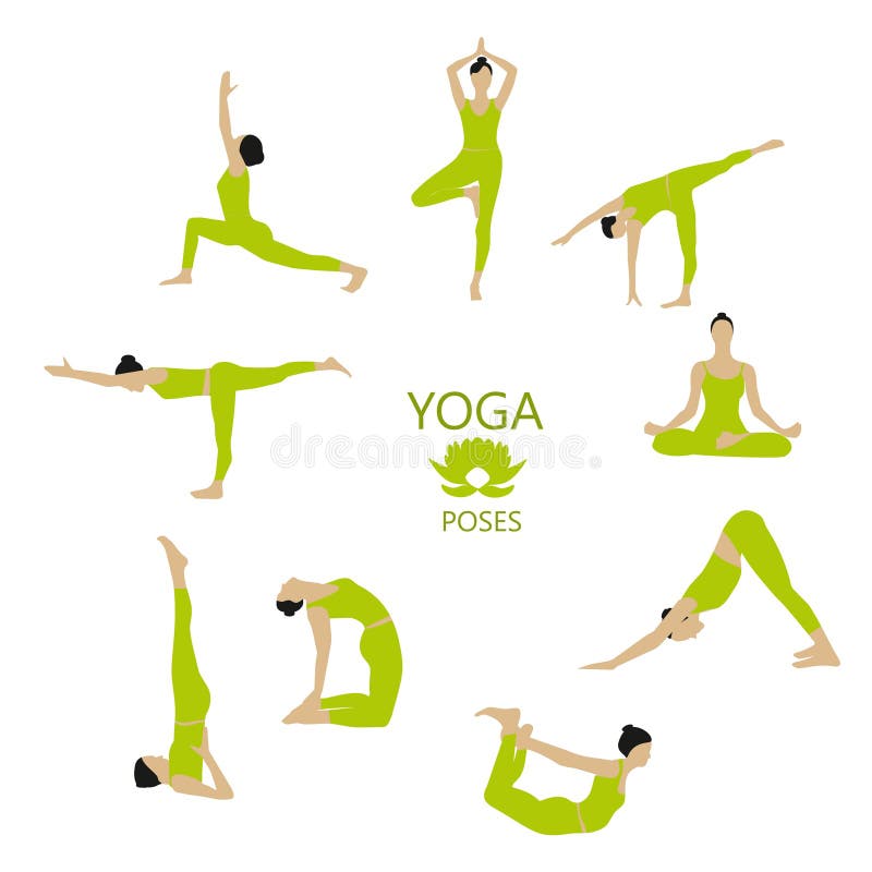 Sistema De 8 Actitudes De La Yoga En Diseño Plano La Mujer Figura Ejercicio  En Camisa Azul Y Los Pantalones Negros De La Yoga Par Ilustración del Vector  - Ilustración de oriental