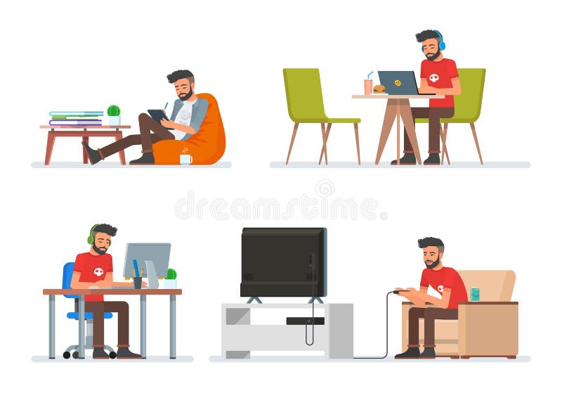 Sistema del vector de caracteres de la gente de la historieta en diseño plano del estilo Hombre del inconformista que juega a los stock de ilustración Sistema del vector de caracteres de la gente de la historieta en diseño plano del estilo Hombre del inconformista que juega a los stock de ilustración