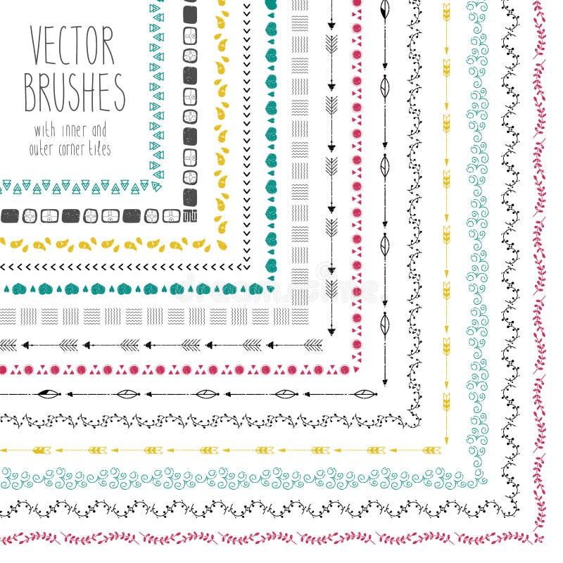 Sistema del vector de cepillos dibujados mano con las tejas de la esquina ilustración del vector Sistema del vector de cepillos dibujados mano con las tejas de la esquina ilustración del vector