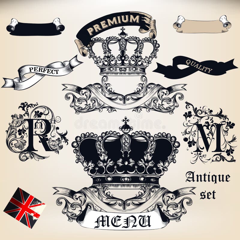 Sistema del vector de coronas, de banderas y de insignias en styl de la antigüedad del vintage libre illustration Sistema del vector de coronas, de banderas y de insignias en styl de la antigüedad del vintage libre illustration