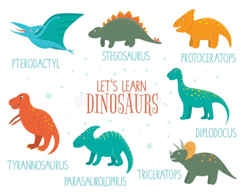 Sistema Del Vector De Dinosaurios Lindos Con Nombres Aislados En El Fondo  Blanco Ilustración del Vector - Ilustración de infantil, cabrito: 150257497