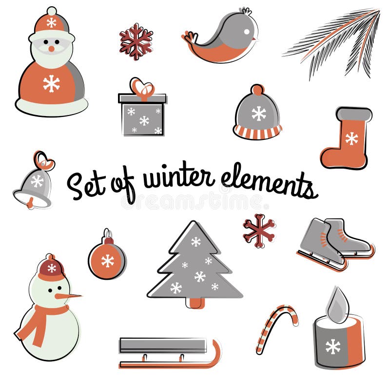 Sistema del vector de elementos planos del invierno Días de fiesta Año Nuevo y la Navidad ilustración del vector Sistema del vector de elementos planos del invierno Días de fiesta Año Nuevo y la Navidad ilustración del vector