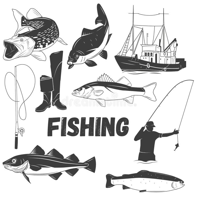 Sistema del vector de etiquetas de la pesca en estilo del vintage Diseñe los elementos, los emblemas, los iconos, el logotipo y l ilustración del vector Sistema del vector de etiquetas de la pesca en estilo del vintage Diseñe los elementos, los emblemas, los iconos, el logotipo y l ilustración del vector