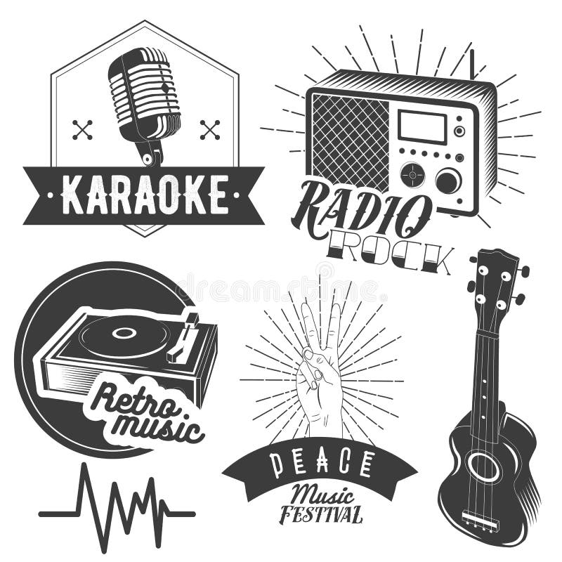 Sistema del vector de etiquetas del Karaoke y de la música en estilo del vintage Guitarra, micrófono, gramófono, receptor de radi