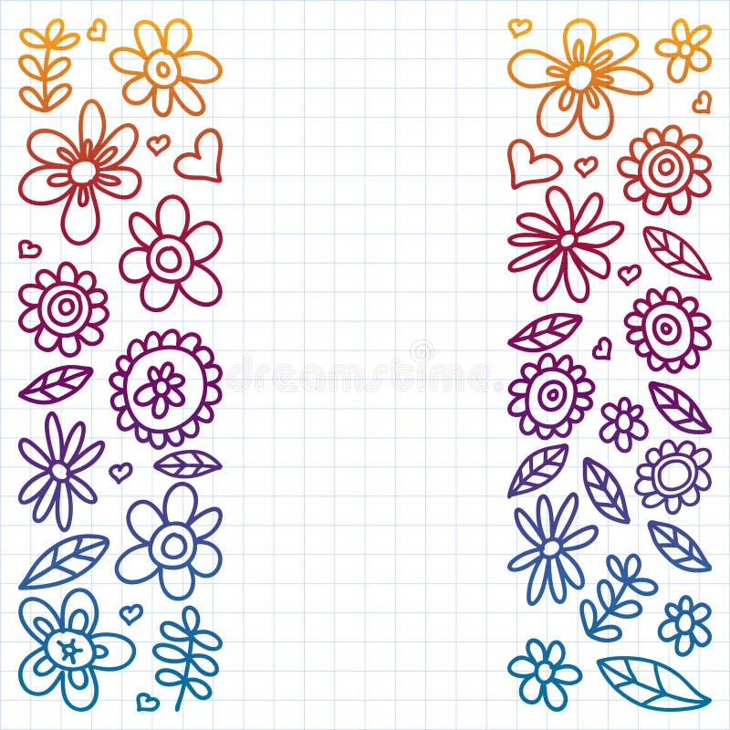 Sistema del vector de iconos de dibujo de las flores del niño en estilo del garabato Pintado, colorido, pendiente, en una hoja de libre illustration Sistema del vector de iconos de dibujo de las flores del niño en estilo del garabato Pintado, colorido, pendiente, en una hoja de libre illustration