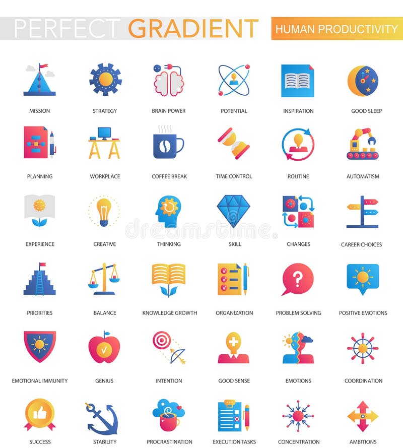 Sistema del vector de iconos humanos de la productividad de la pendiente plana de moda ilustración del vector Sistema del vector de iconos humanos de la productividad de la pendiente plana de moda ilustración del vector