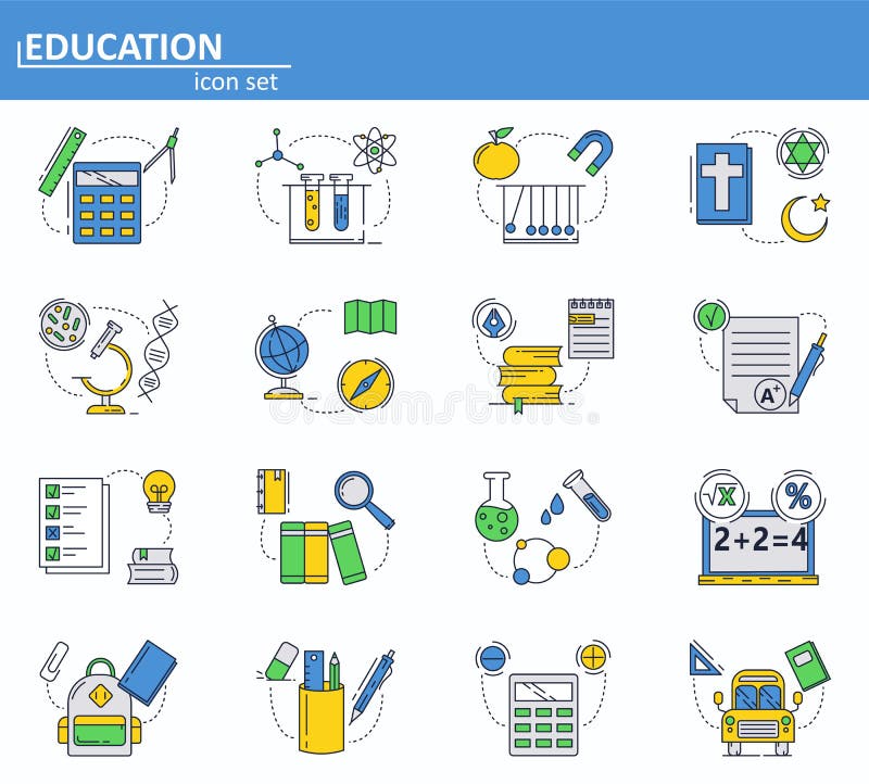 Sistema del vector de iconos de la educación escolar en la línea estilo fina La física, química, biología y otros temas Página we libre illustration Sistema del vector de iconos de la educación escolar en la línea estilo fina La física, química, biología y otros temas Página we libre illustration