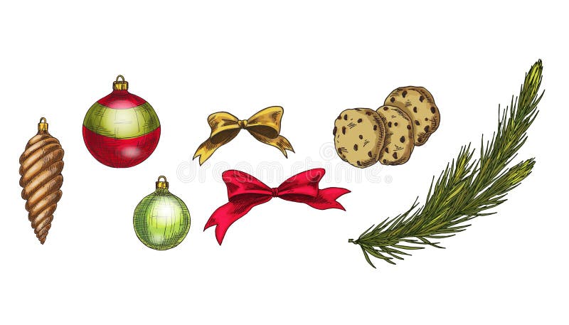 Sistema del vector de la Feliz Navidad y de la Feliz Año Nuevo Galleta del pan de jengibre, cono, rama del abeto, arcos y bolas d libre illustration Sistema del vector de la Feliz Navidad y de la Feliz Año Nuevo Galleta del pan de jengibre, cono, rama del abeto, arcos y bolas d libre illustration