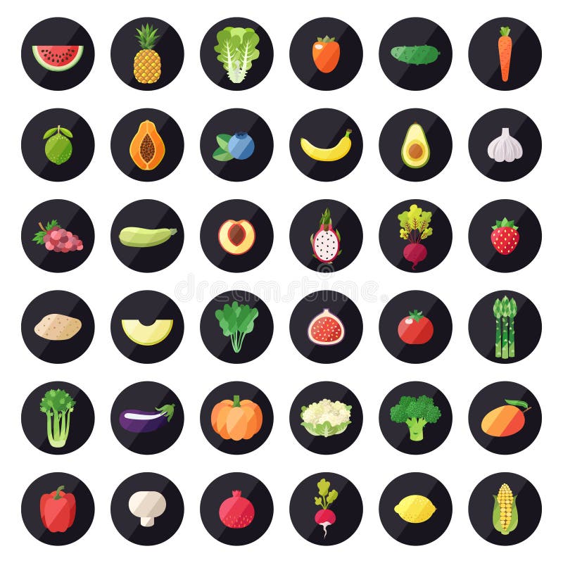 Sistema del vector de los iconos de la verdura y de la fruta Diseño plano moderno multicolor ilustración del vector Sistema del vector de los iconos de la verdura y de la fruta Diseño plano moderno multicolor ilustración del vector
