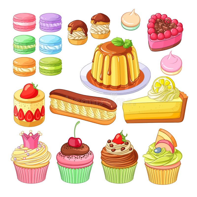 Sistema del vector de los macarons coloridos de los postres, profiteroles, empanada, fresa más fraisier, eclair, torta del limón, stock de ilustración Sistema del vector de los macarons coloridos de los postres, profiteroles, empanada, fresa más fraisier, eclair, torta del limón, stock de ilustración