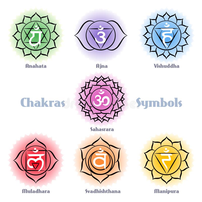 Chakras symbols vector set. Manipura muladhara sahasrara vishuddha svadhishthana ajna anahata. Chakras symbols vector set. Manipura muladhara sahasrara vishuddha svadhishthana ajna anahata